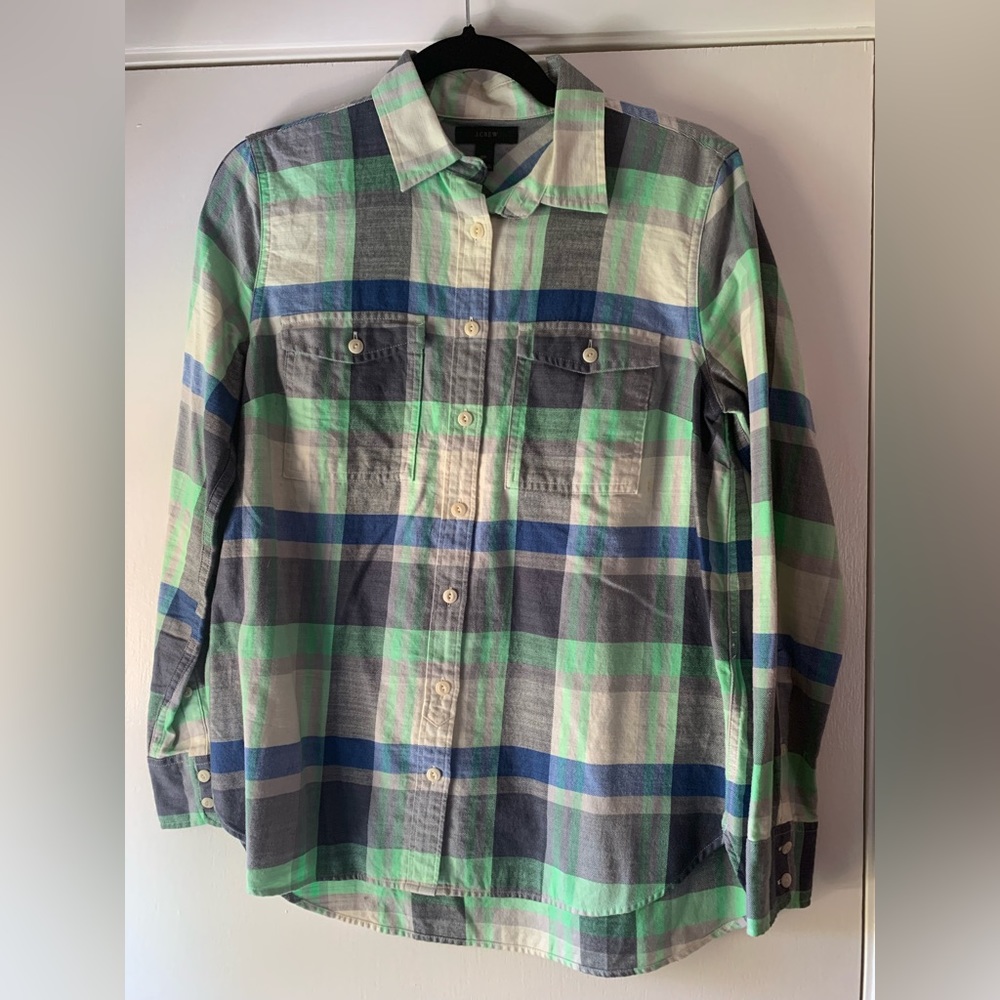 J. Crew Cotton Plaid Flannel Button Down Shirt Blue Green Cream Gray Sz 6 Petite